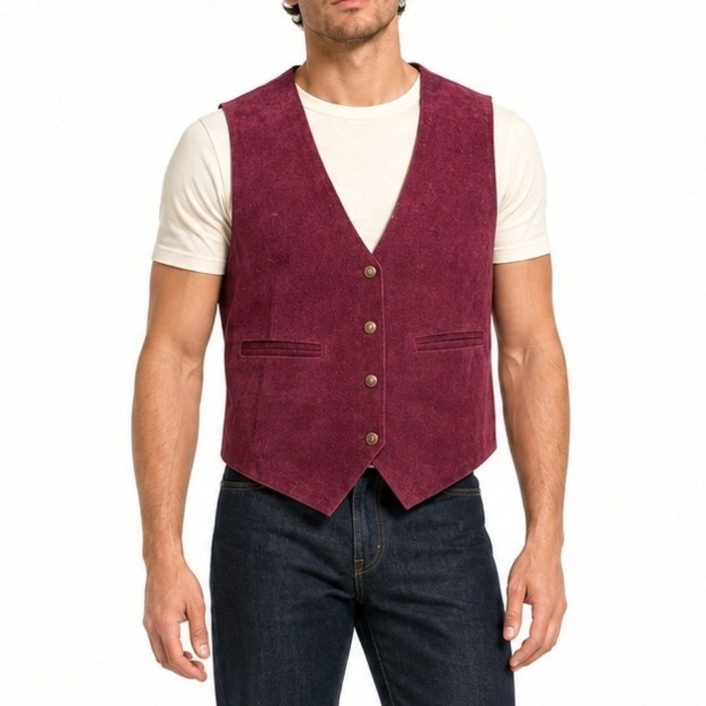Agapo Collection Suede Leather Vest Mens L Burgundy Western Oklahoma Seal Boho